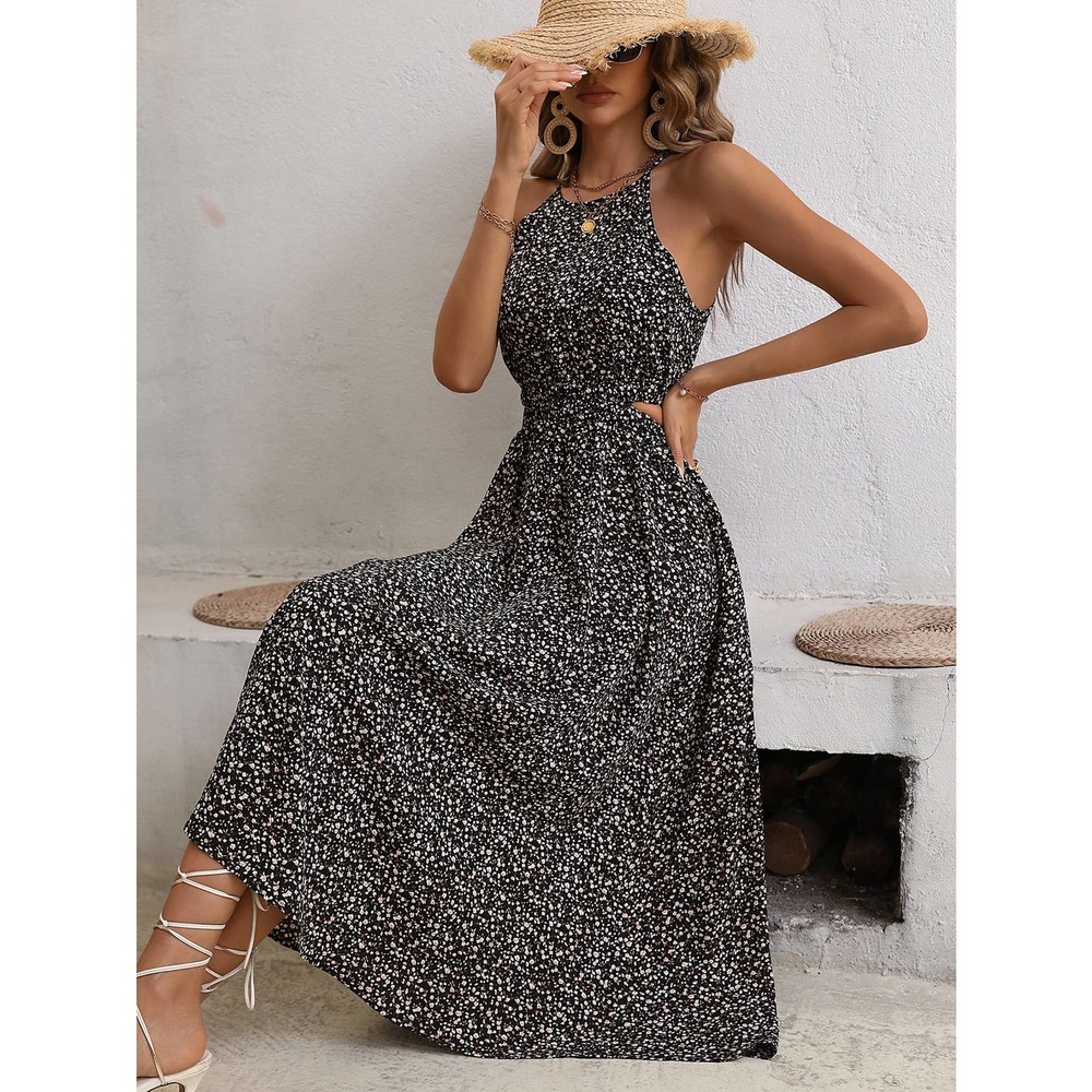 boho Floral Print Cut Out Waist Halter midi Dress - Picture 3 of 9